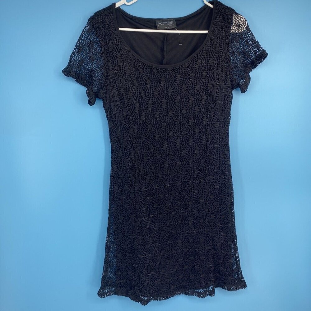 Rosegold Petite Girls Dress Size Large Black Knit Overlay Short Sleeve Knee